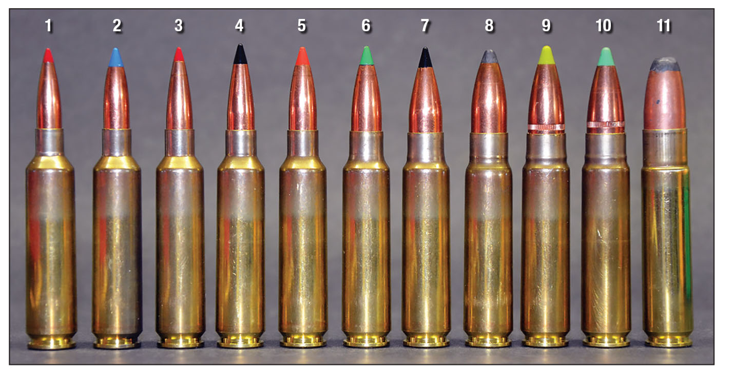 Since its introduction in 1963, the .284 Winchester has been necked up and down to various calibers with the .411-284 probably being the largest diameter bullet it will handle while still having enough shoulder area for trouble-free headspacing: (1) 6mm-284, (2) .25-284, (3) 6.5-284, (4) .27-284, (5) .284 Winchester, (6) .30-284, (7) .33-284, (8) .35-284, (9) 9.3-284, (10) .375-284 and (11) .411-284.